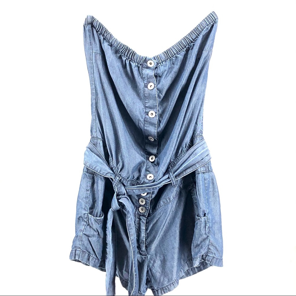 Guess Blue Chambray Belted Strapless Short Romper